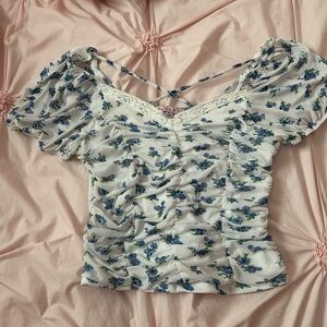 Floral Ruched Women's Top - White and Blue